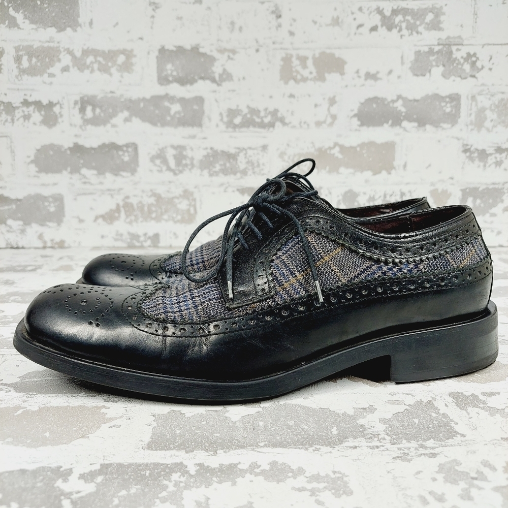 Kenneth Cole Reaction Mixed Wingtip Plaid Fabric Black Leather Oxfords O637